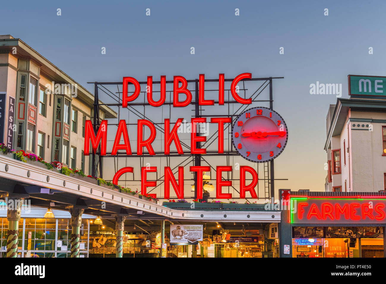 SEATTLE; WASHINGTON - July 2; 2018: Pike Place Market at night. The popular tourist destination opened in 1907 and is one of the oldest continuously o Stock Photo