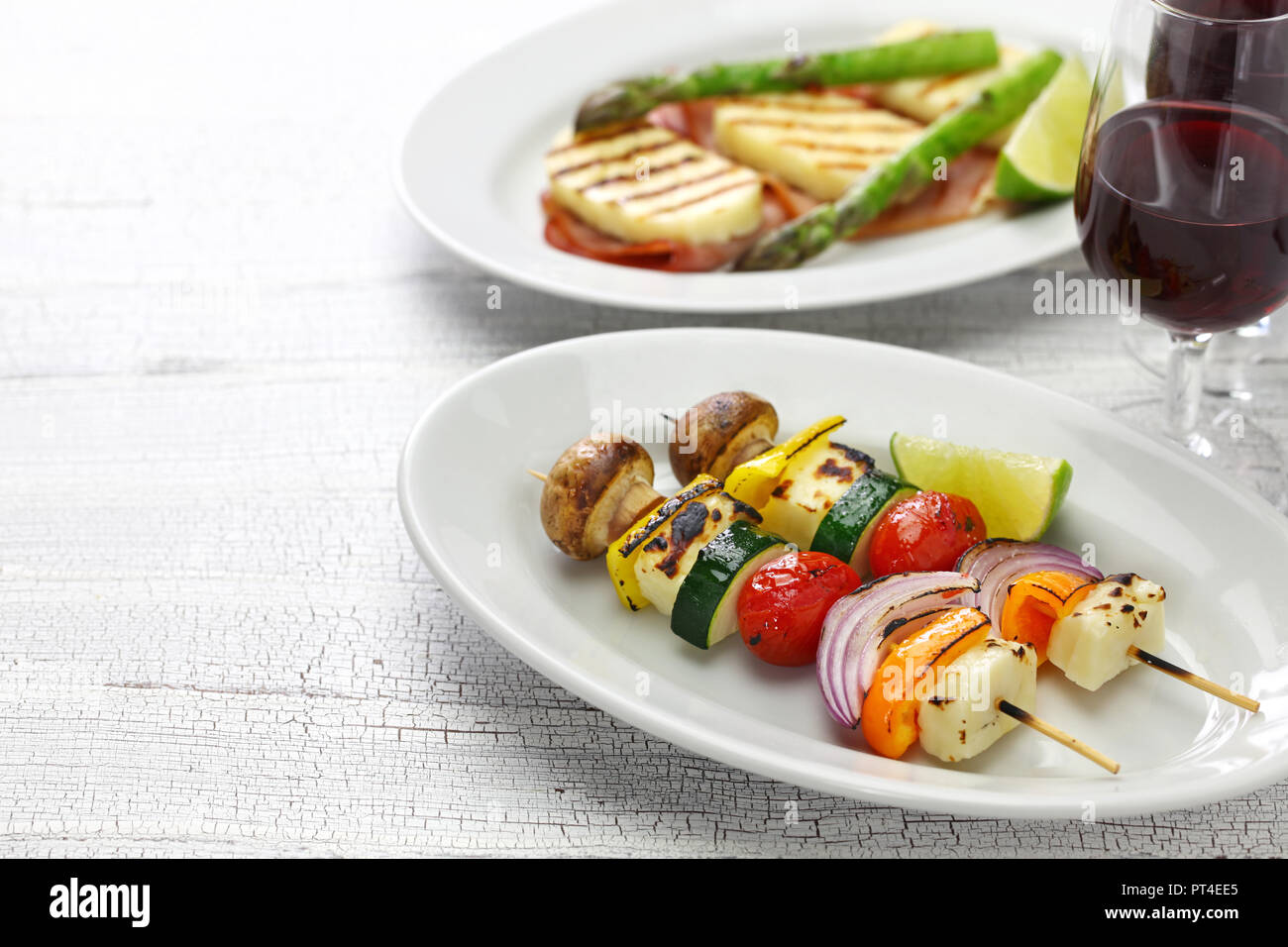 halloumi cheese vegetables skewers kebab, healthy vegetarian dish Stock