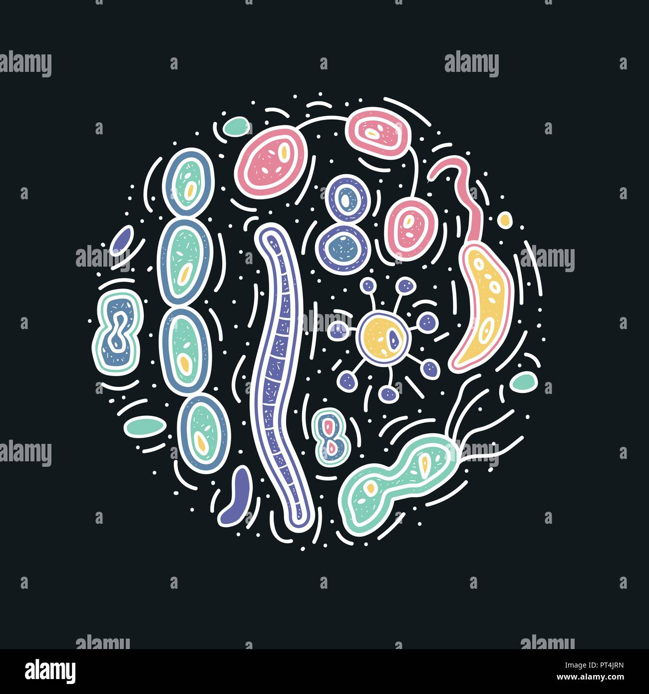 Round composition of bacterias cells. Vector doodle style objects. Stock Vector