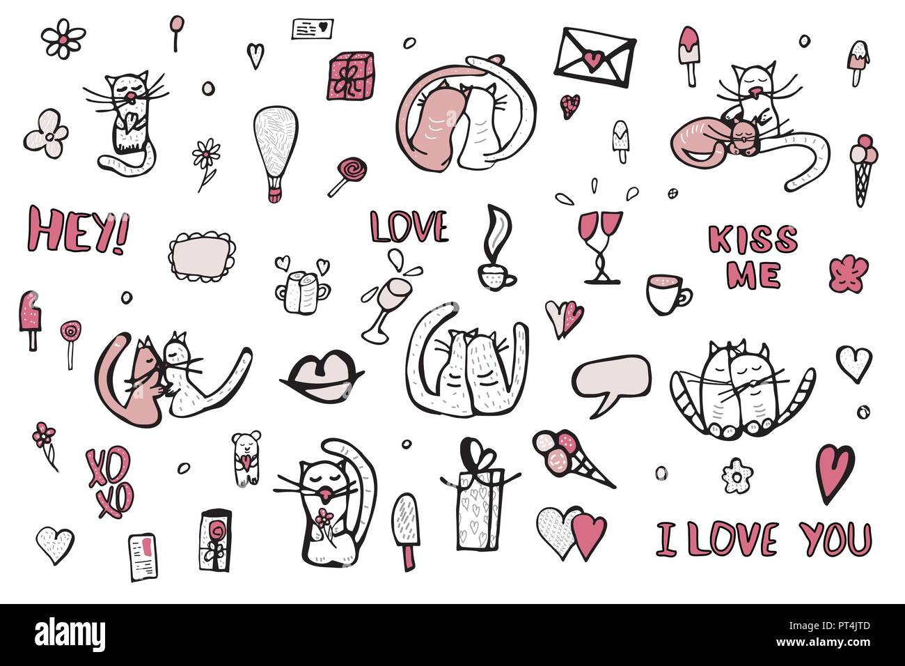 Set with cute love symbols. Cats, quotes Kiss me, I love you, xoxo ...