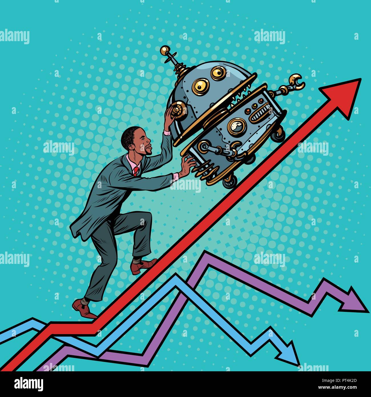 Robotization and technical revolution concept. Businessman pushes up the robot. Growth charts. Pop art retro vector illustration vintage kitsch Stock Vector