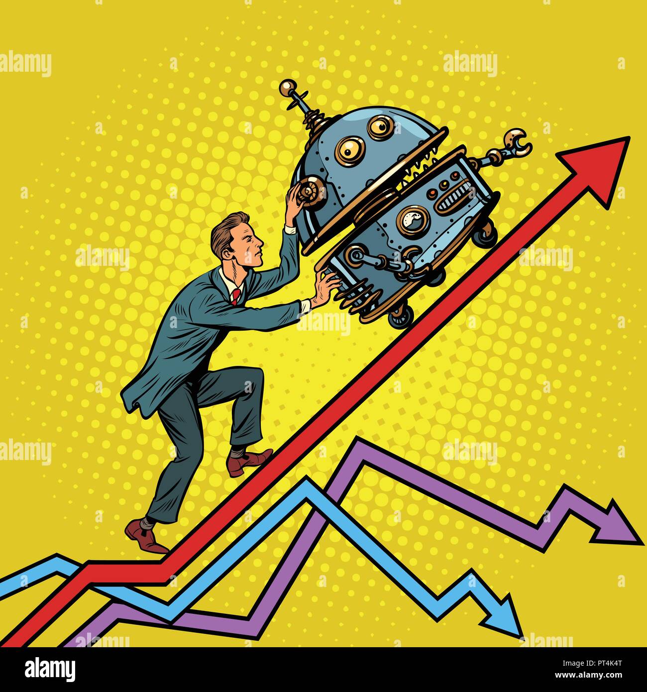 Robotization and technical revolution concept. Businessman pushes up the  robot. Growth charts. Pop art retro vector illustration vintage kitsch  Stock Vector Image & Art - Alamy