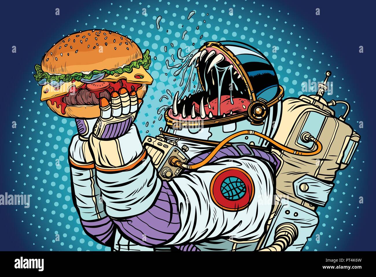 Astronaut monster eats burger. Greed and hunger of mankind concept. Pop art retro vector illustration vintage kitsch Stock Vector