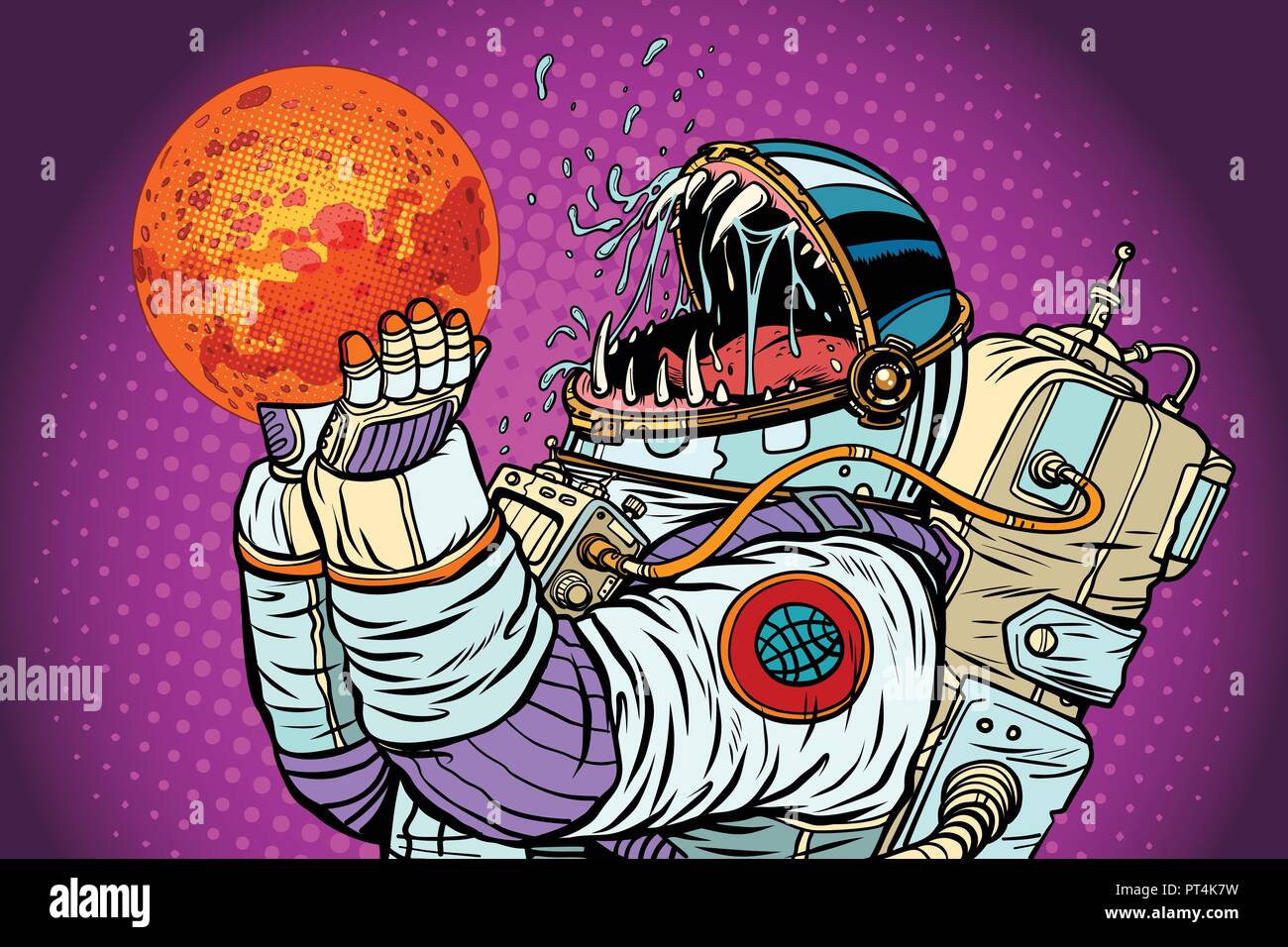 Astronaut monster eats Mars. Greed and hunger of mankind concept. Pop art retro vector illustration vintage kitsch Stock Vector