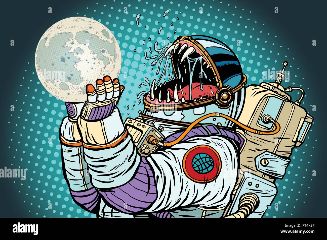 Astronaut monster eats Moon. Greed and hunger of mankind concept. Pop art retro vector illustration vintage kitsch Stock Vector