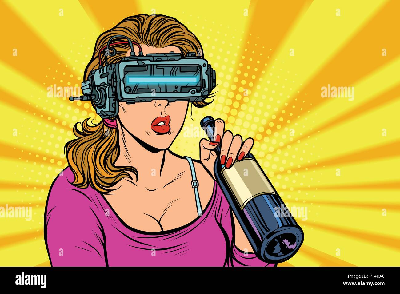 VR glasses. Woman drinking wine from a bottle. Loneliness and sadness. Pop art retro vector illustration vintage kitsch Stock Vector