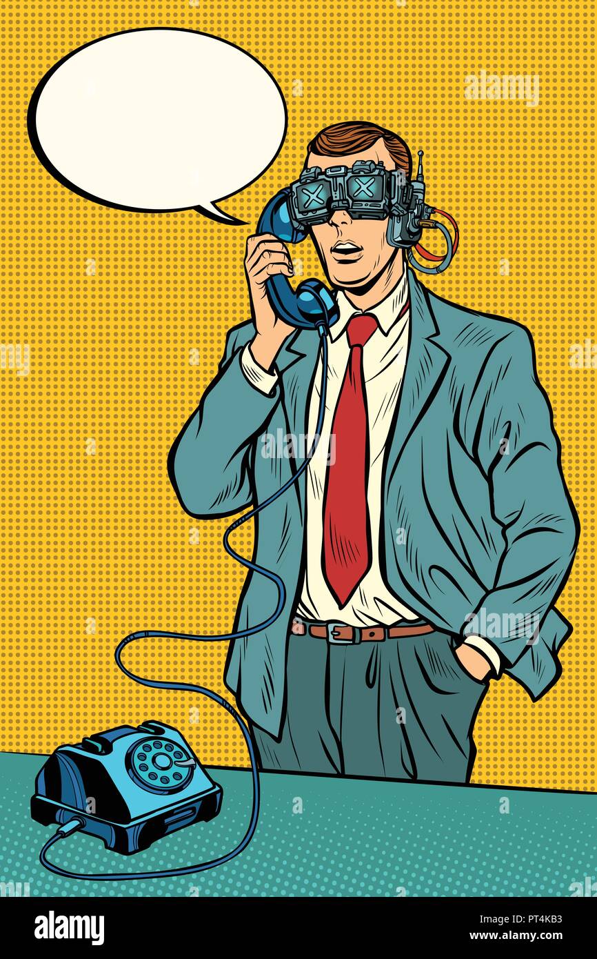 VR glasses. Steampunk cyberpunk. man talking on a retro phone. Pop art retro vector illustration vintage kitsch Stock Vector