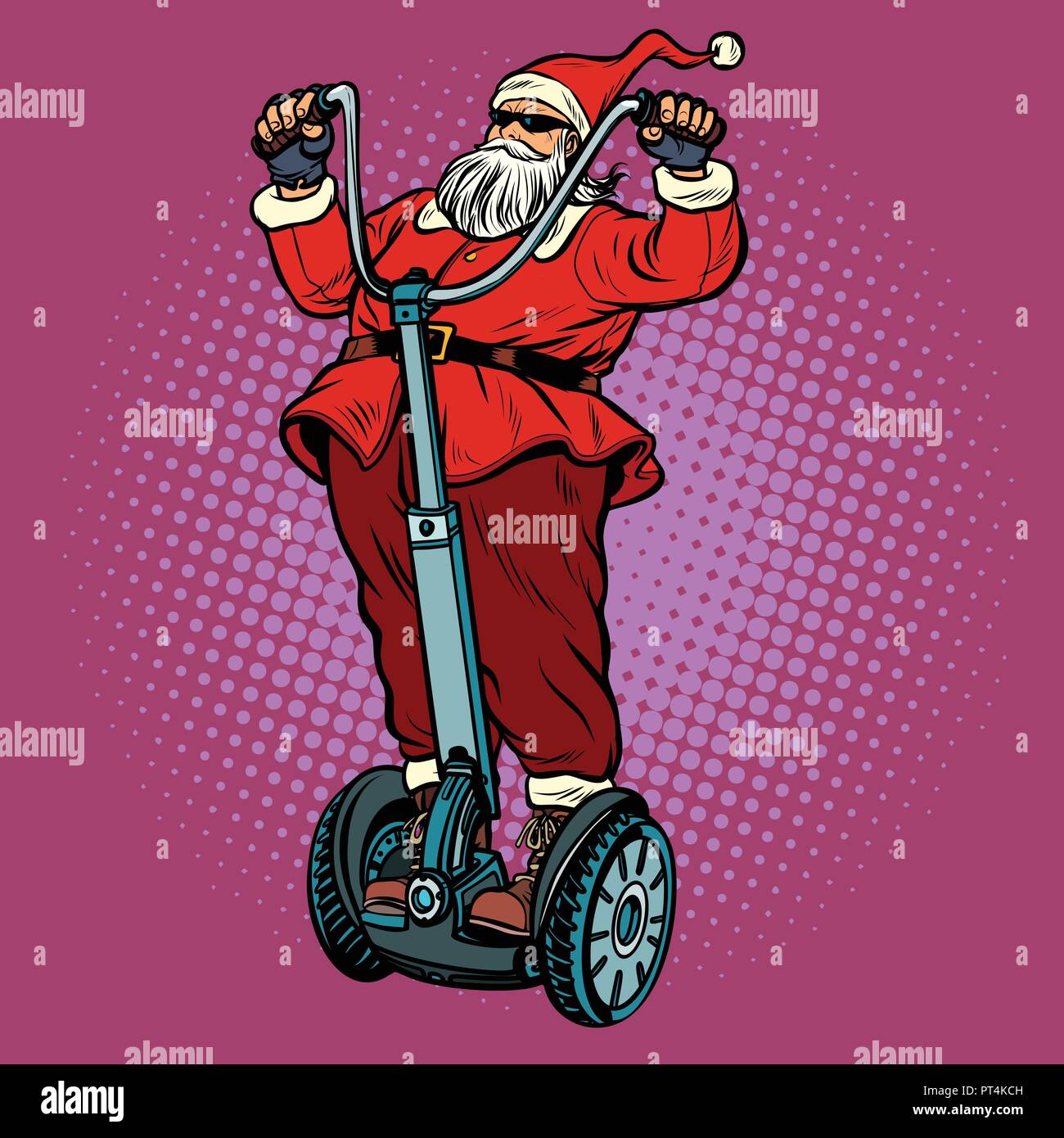Santa Claus biker with Christmas gifts rides an electric scooter. Pop art retro vector illustration vintage kitsch Stock Vector