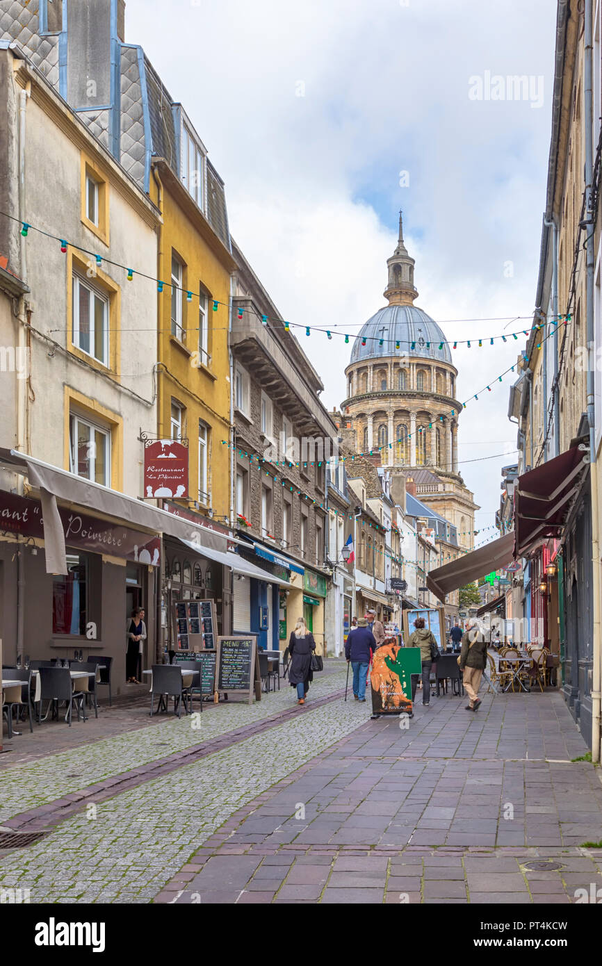 Main street of the fortified city at Boulogne-sur-Mer, Pas-de-Calais, France. Dome of cathedral in background. Stock Photo