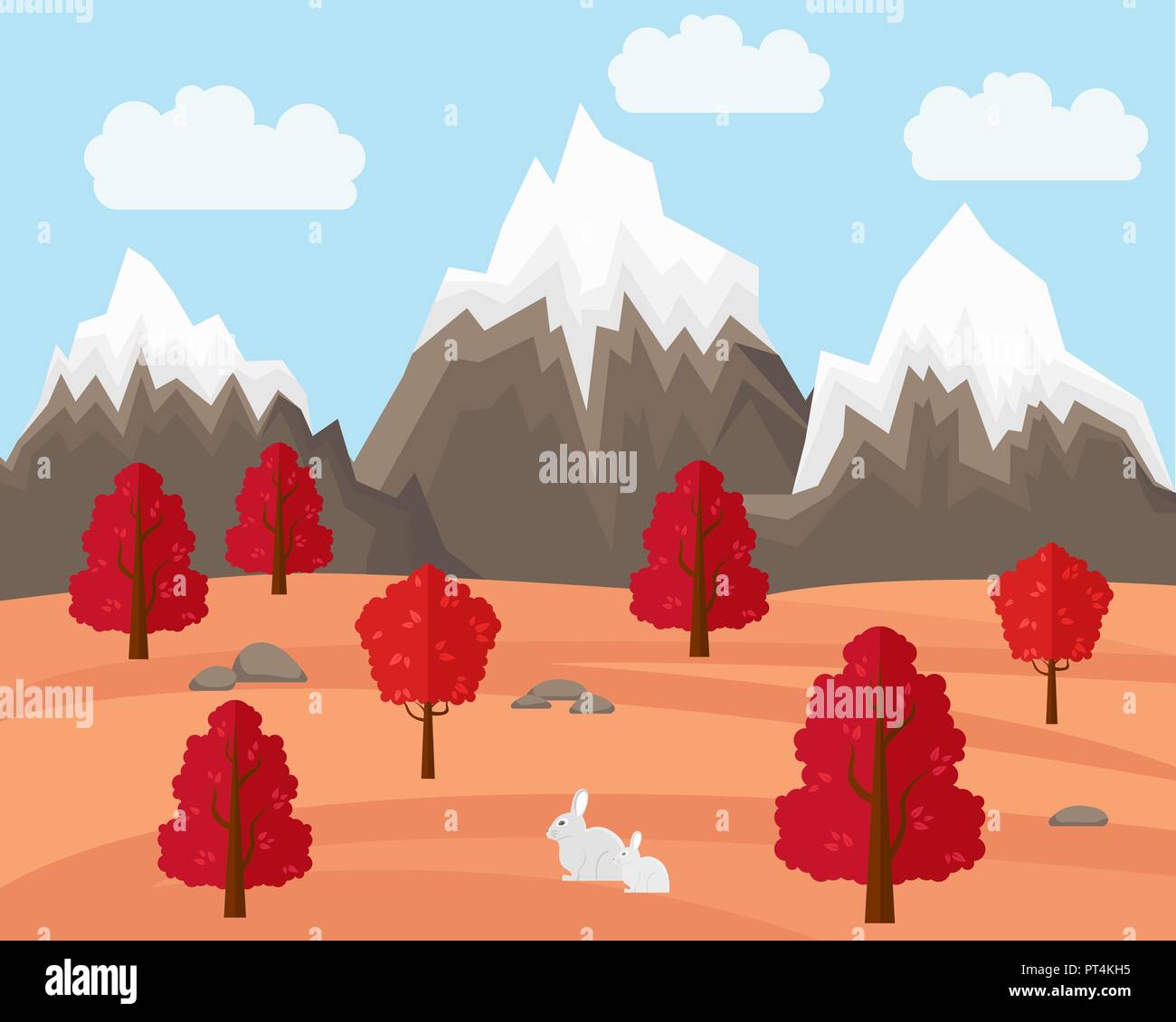 Autumn Landscape with rabbit in Flat Style Illustartion. Mountains and ...
