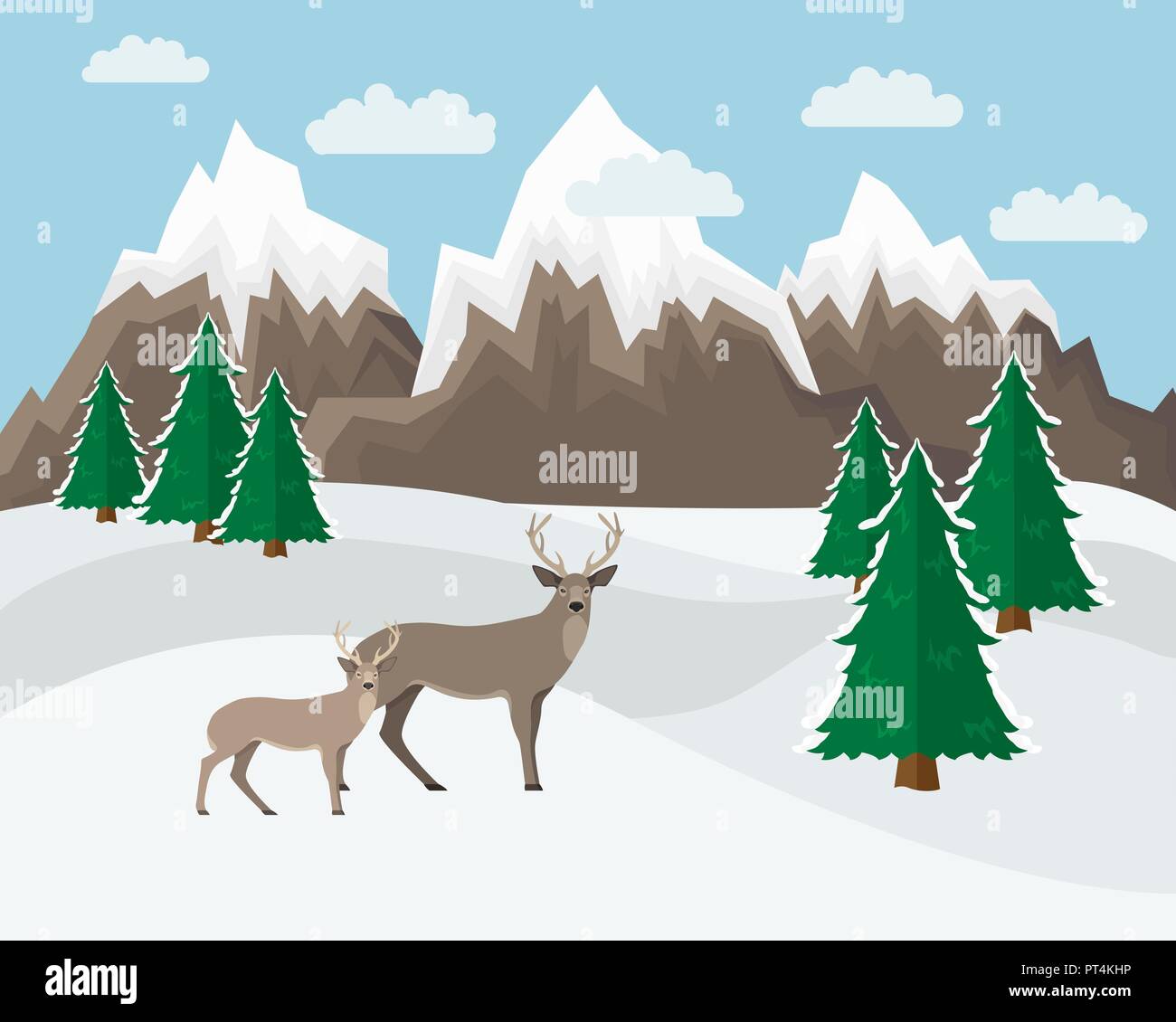 Winter mountain landscape background. Flat Vector Illustration witn deers. Stock Vector