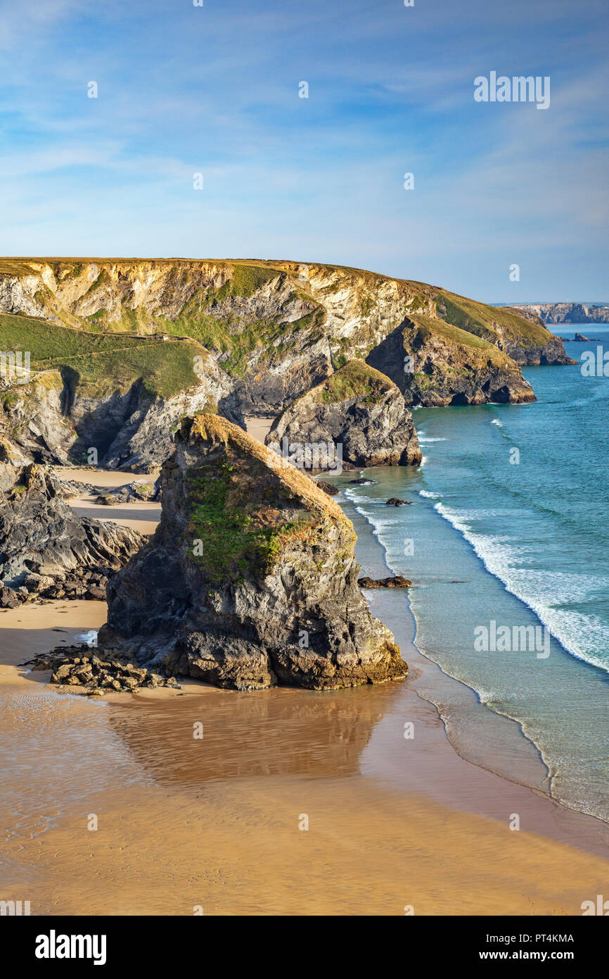 Sea stacks at Bedruthan Steps, Carnewas, Cornwall, England, UK. Stock Photo