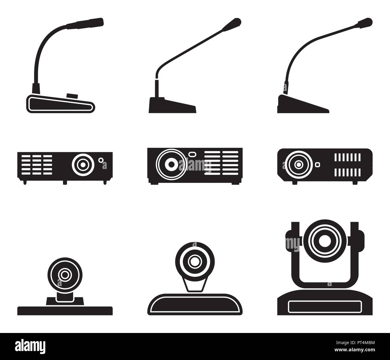 Conference equipment icon set. Silhouette vector Stock Vector