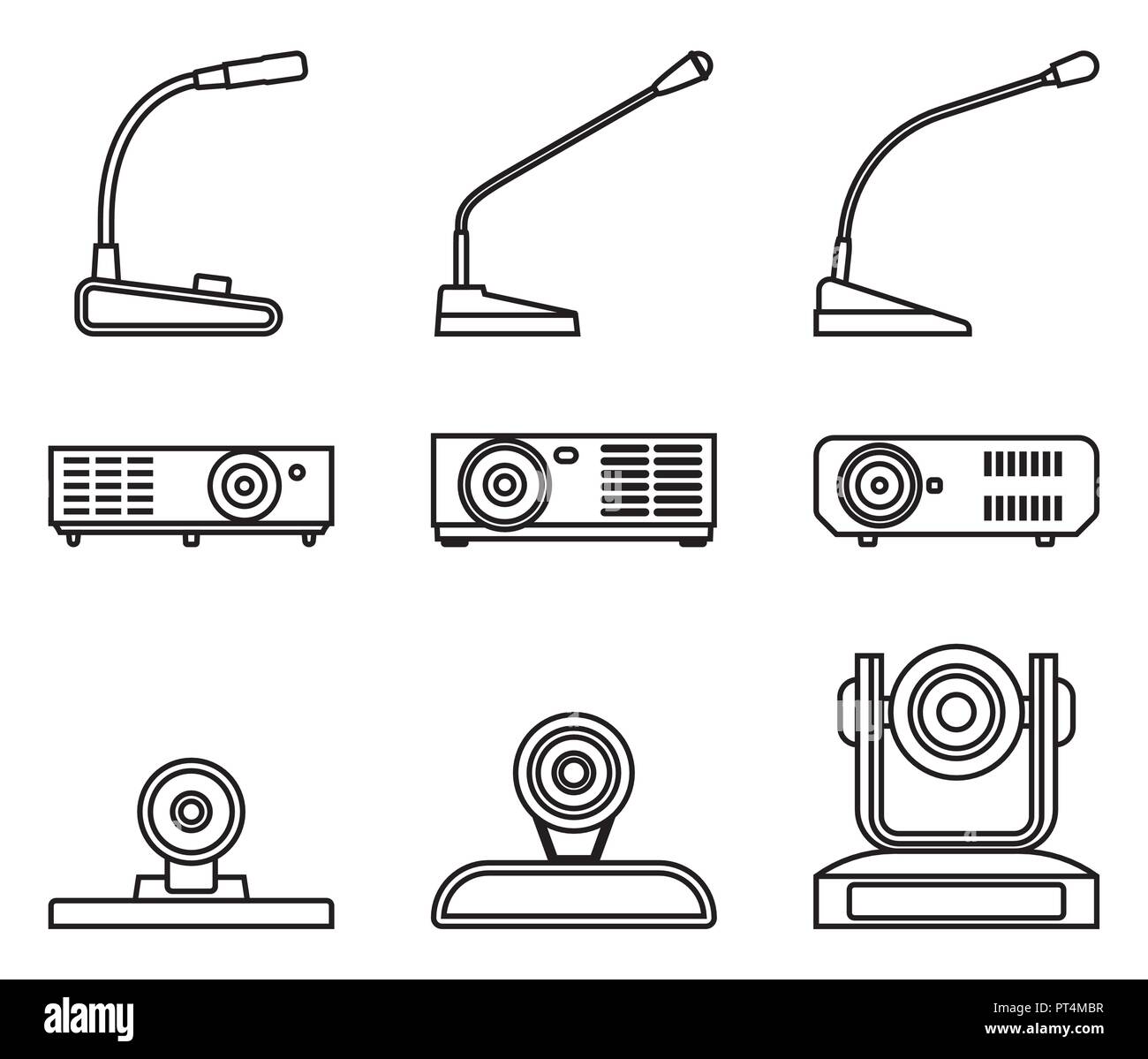 Conference equipment icon set. Vector thin line Stock Vector