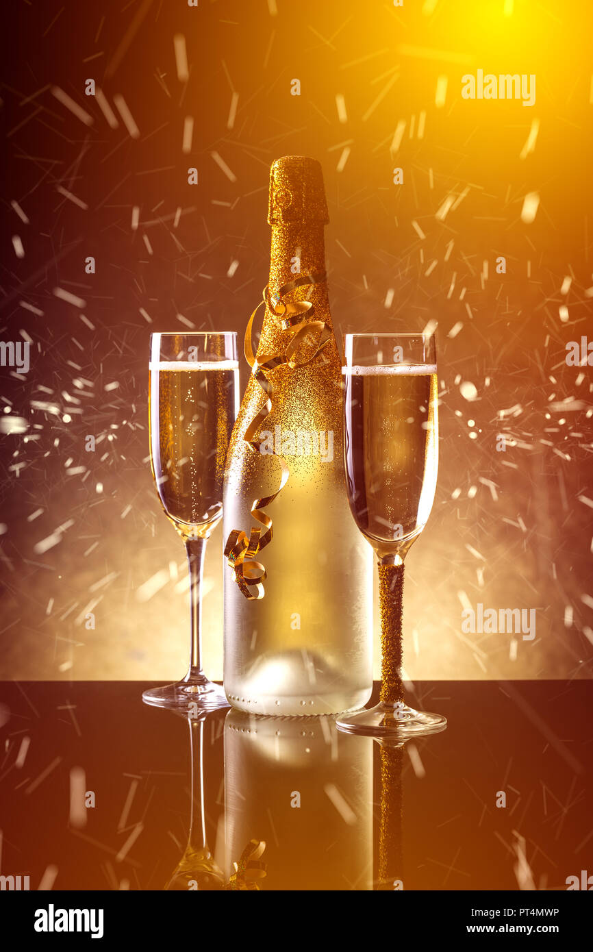 Sparkling new year background with two champagne glasses Stock Photo ...