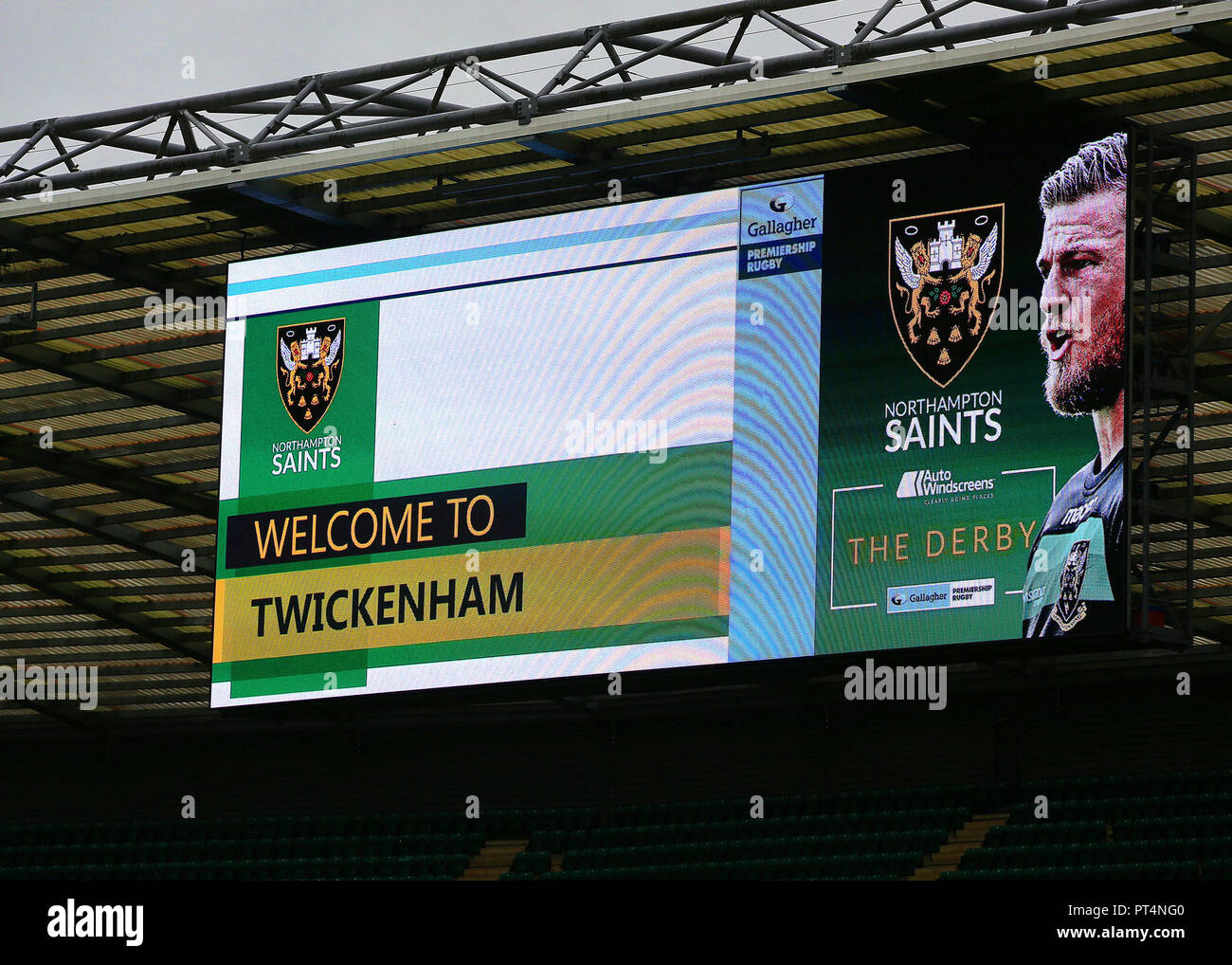 A picture of Rob Horne, who suffered a career ending injury playing for Northampton Saints in the last Midlands derby match between Northampton Saints and Leicester, is featured on the digital scoreboard before the Gallagher Premiership match at Twickenham Stadium, London. Stock Photo