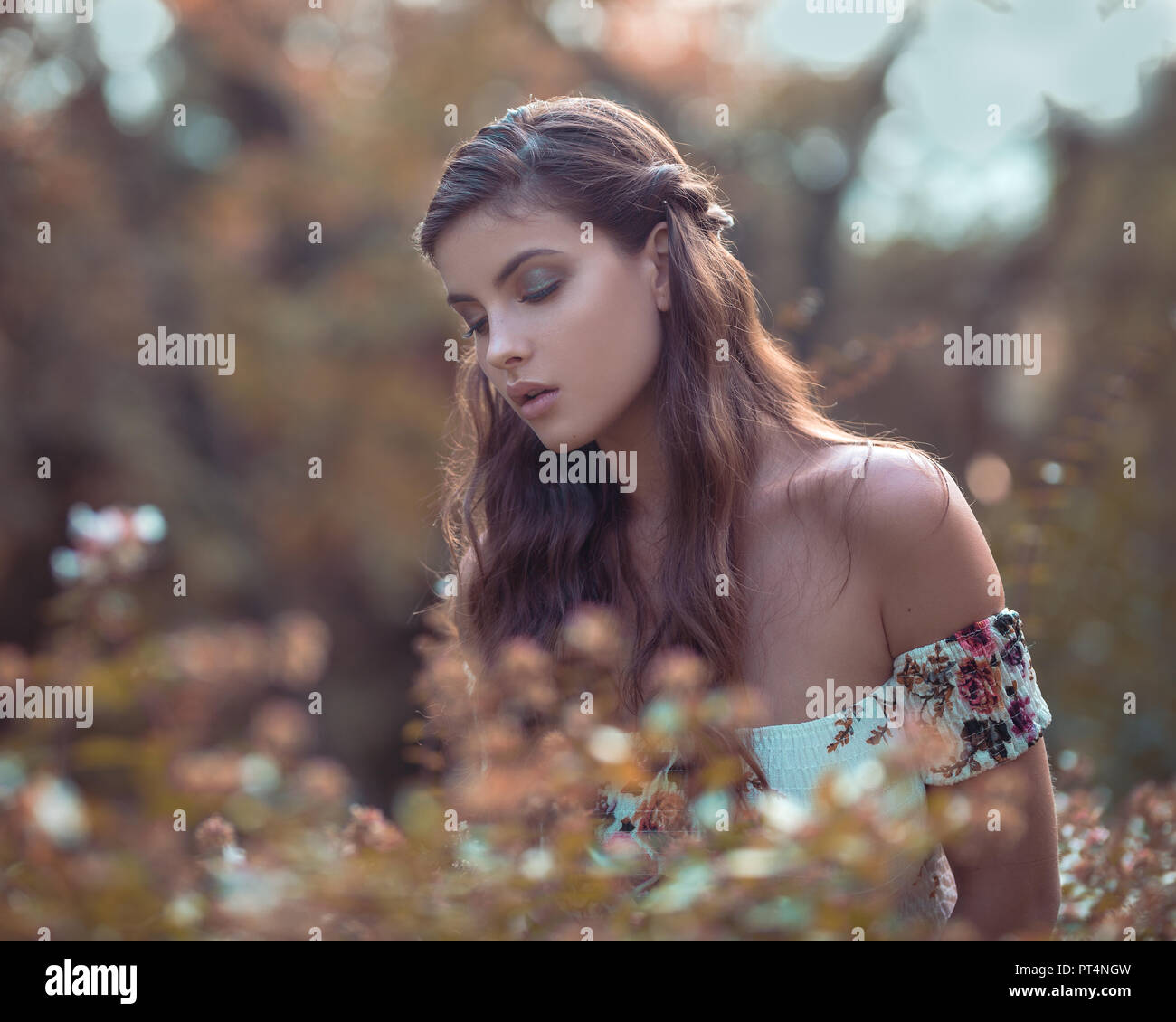 beautiful girl in field of flowers Stock Photo - Alamy