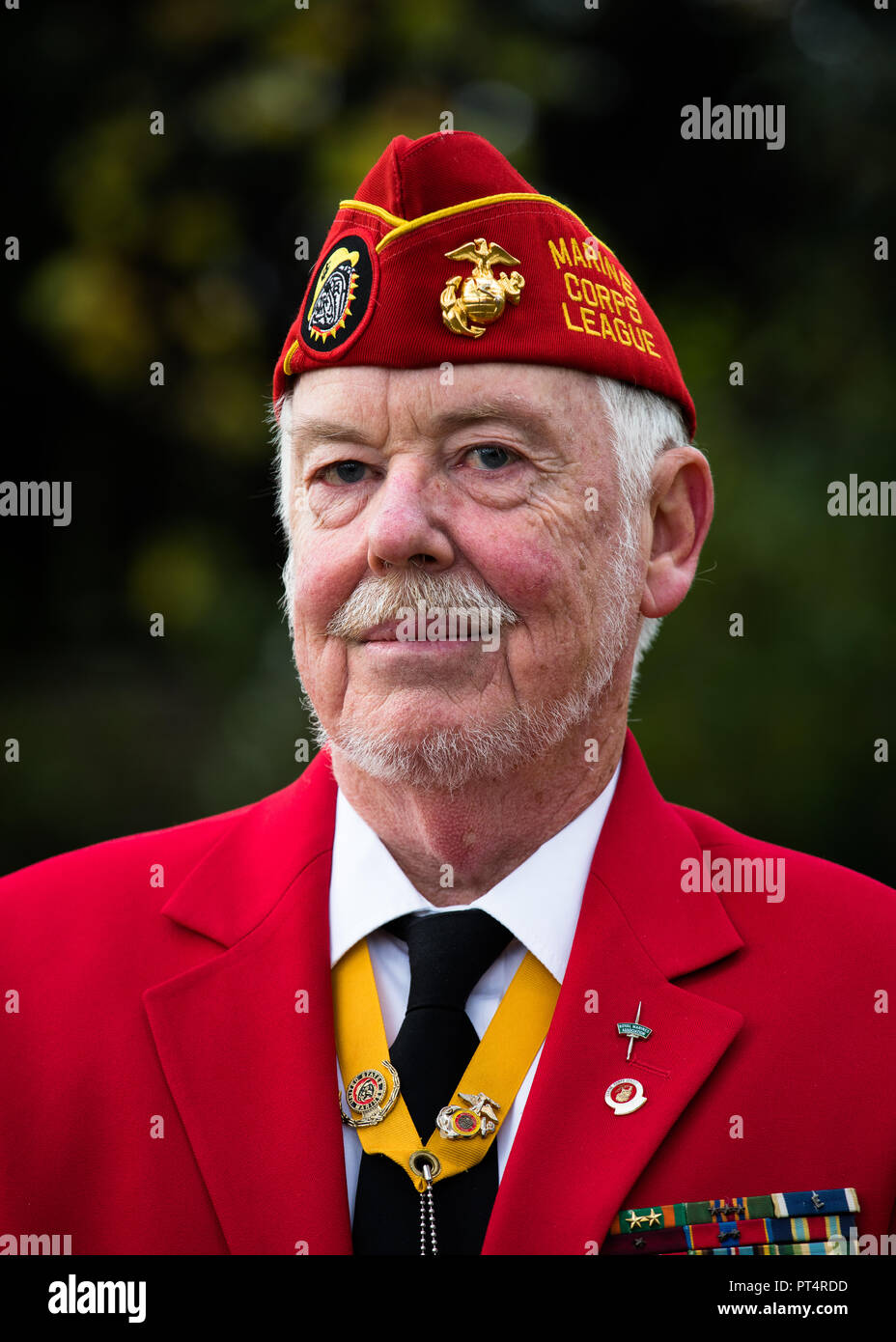 US Marine veteran wearing a red cap and his medals at the Remembrance Day parade, London. Stock Photo