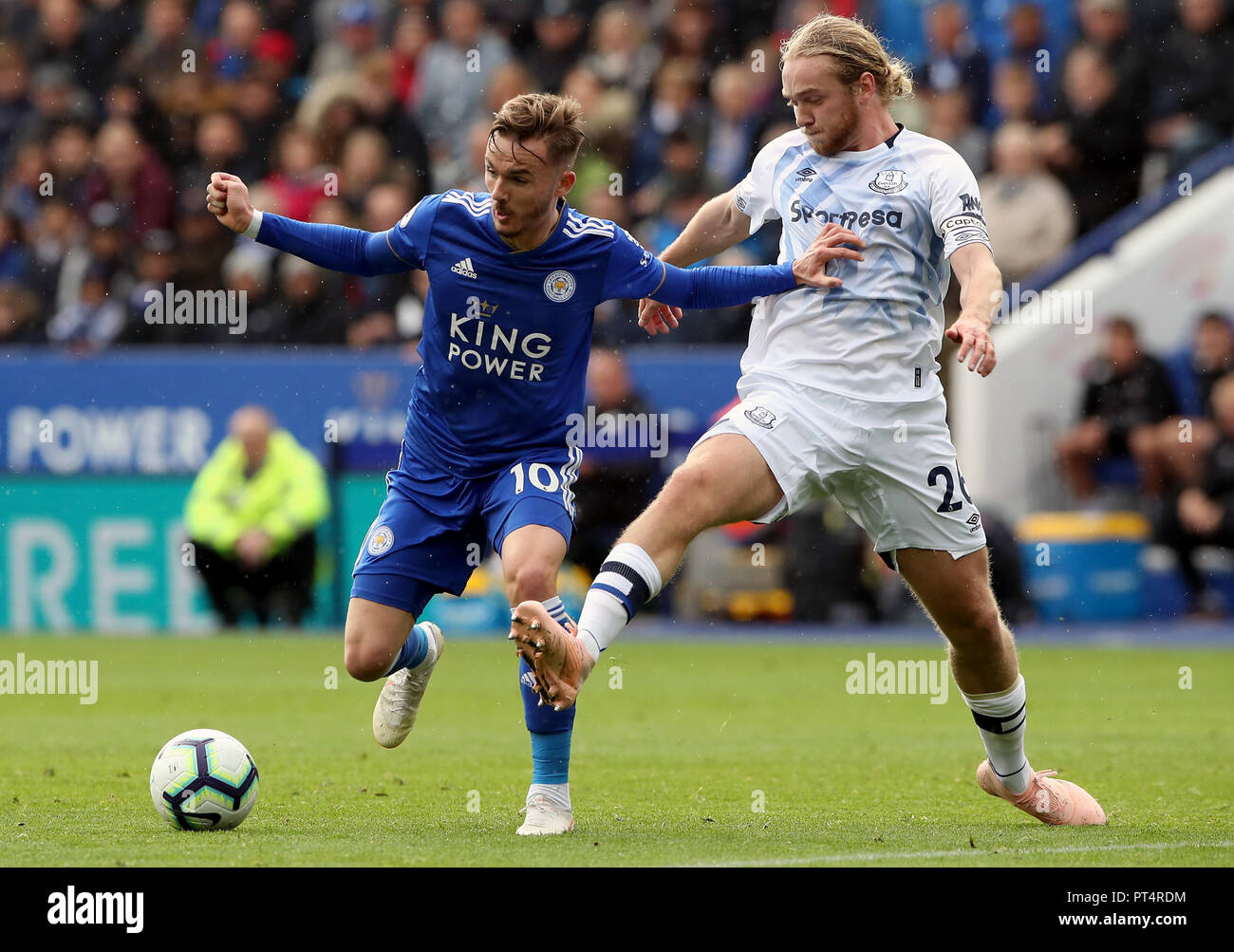 Leicester City's James Maddison (left) and Everton's Tom Davies battle ...
