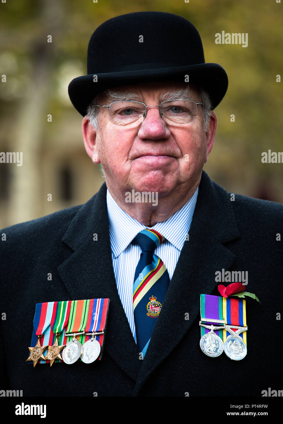 RAF veteran with bowler hat and wearing his medals attending the Remembrance Day ceremony in London. Stock Photo