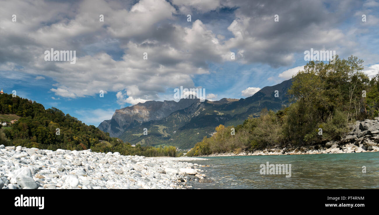 The Rhine River And Mountain Landscape In The Swiss Alps Near Chur With Rocky River Banks And A Great Autumn View Stock Photo Alamy