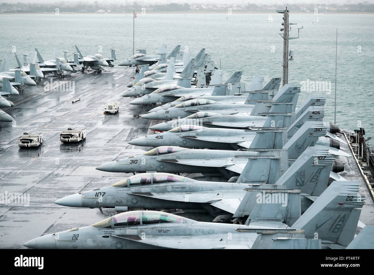 F-18 jets line the deck on board the US Nimitz-class aircraft carrier USS Harry S. Truman, following its arrival into Stokes bay, Hampshire, during a visit to Portsmouth. Stock Photo