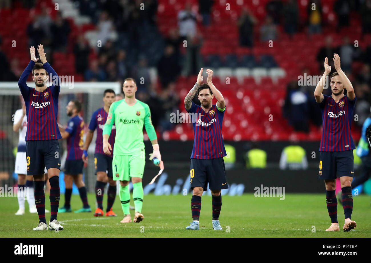 Barcelona's Lionel Messi (centre) after the final whistle Stock Photo ...