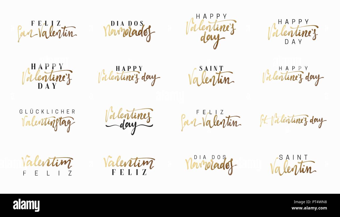 Text of gold lettering for Valentines Day. Lettering in different  languages, French, Spanish, German and Portuguese. Emblems design golden  and white. Usable for banners, greeting cards Stock Vector Image & Art -