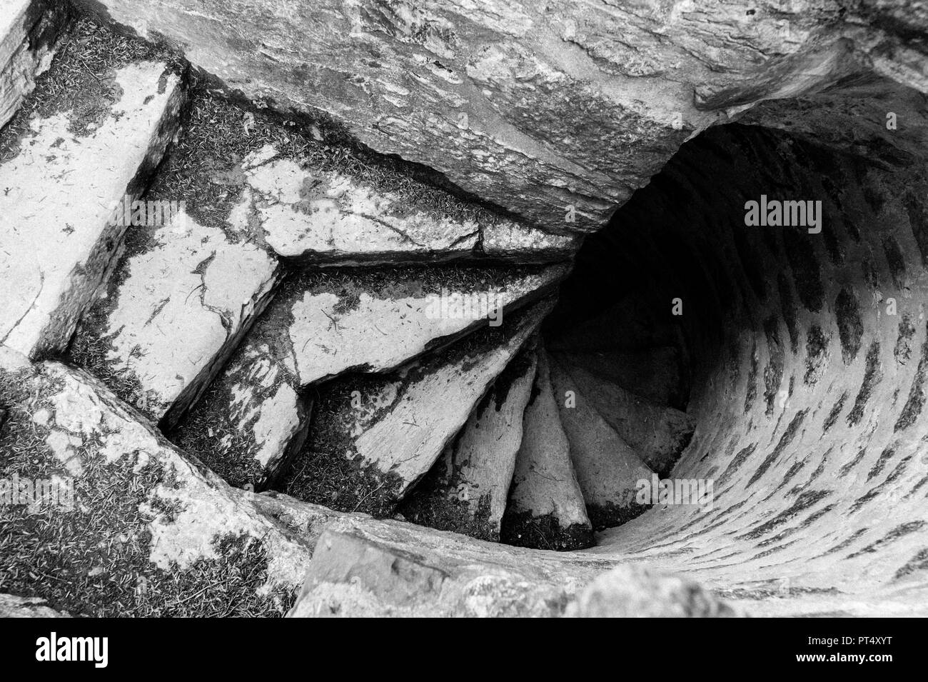 Old turning stairs in Muckross Abbey, the ruins of an old Irish monastery Stock Photo