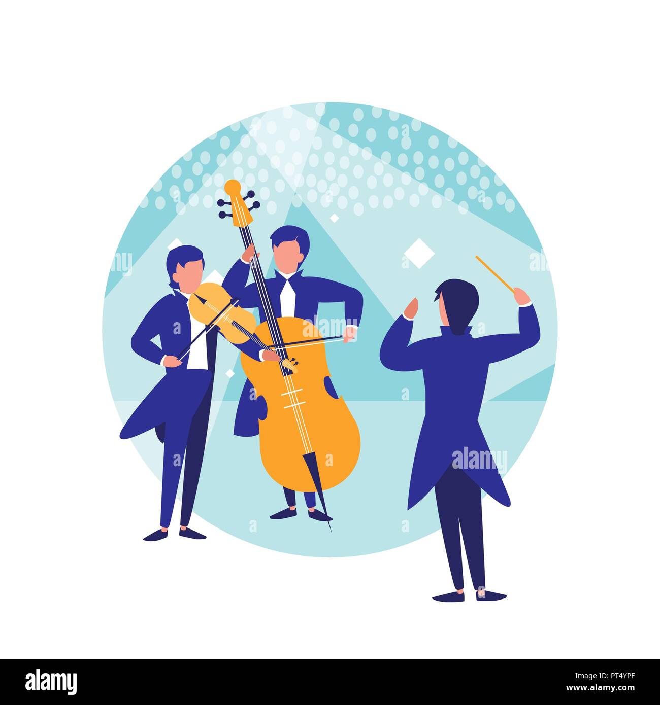 symphony orchestra director and musician playing cello and violin over