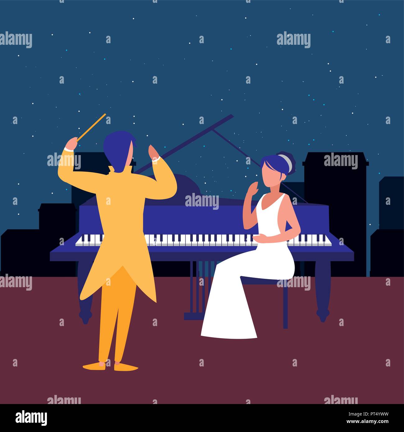 symphony orchestra director and woman with grand piano over city ...