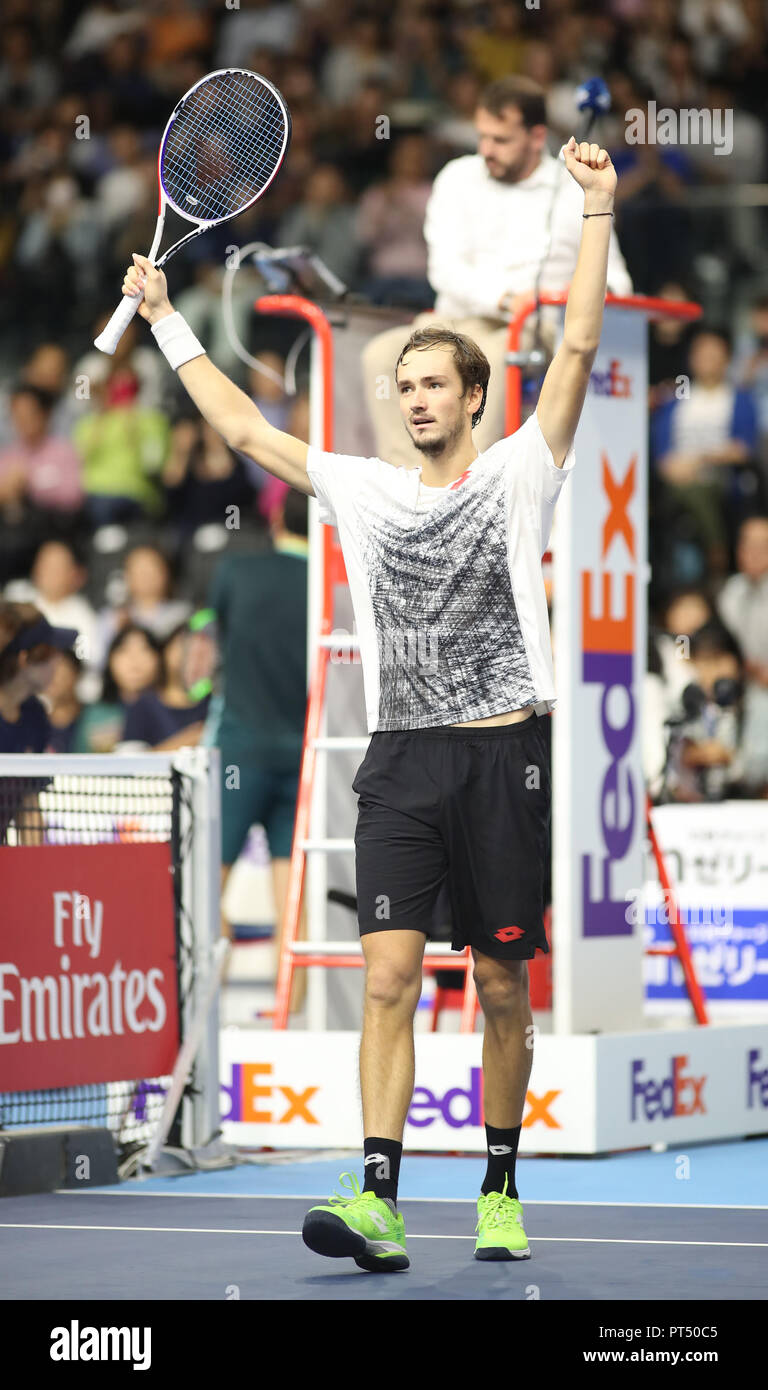 October 5, 2018, Tokyo, Japan - Daniil Medvedev of Russia raises his arms  after he defeated Milos Raonic of Canada during the quarter final of the  Rakuten Japan Open tennis championships in