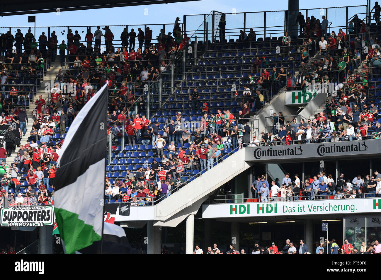 Hanover, Lower Saxony. 06th Oct, 2018. 06 October 2018, Germany, Hanover: Soccer: Bundesliga, Matchday 7: Hannover 96 vs VfB Stuttgart in the HDI Arena. Empty seats can be seen at some places in the stadium. Credit: Peter Steffen/dpa - IMPORTANT NOTICE: DFL an d DFB regulations prohibit any use of photographs as image sequences and/or quasi-video./dpa/Alamy Live News Stock Photo