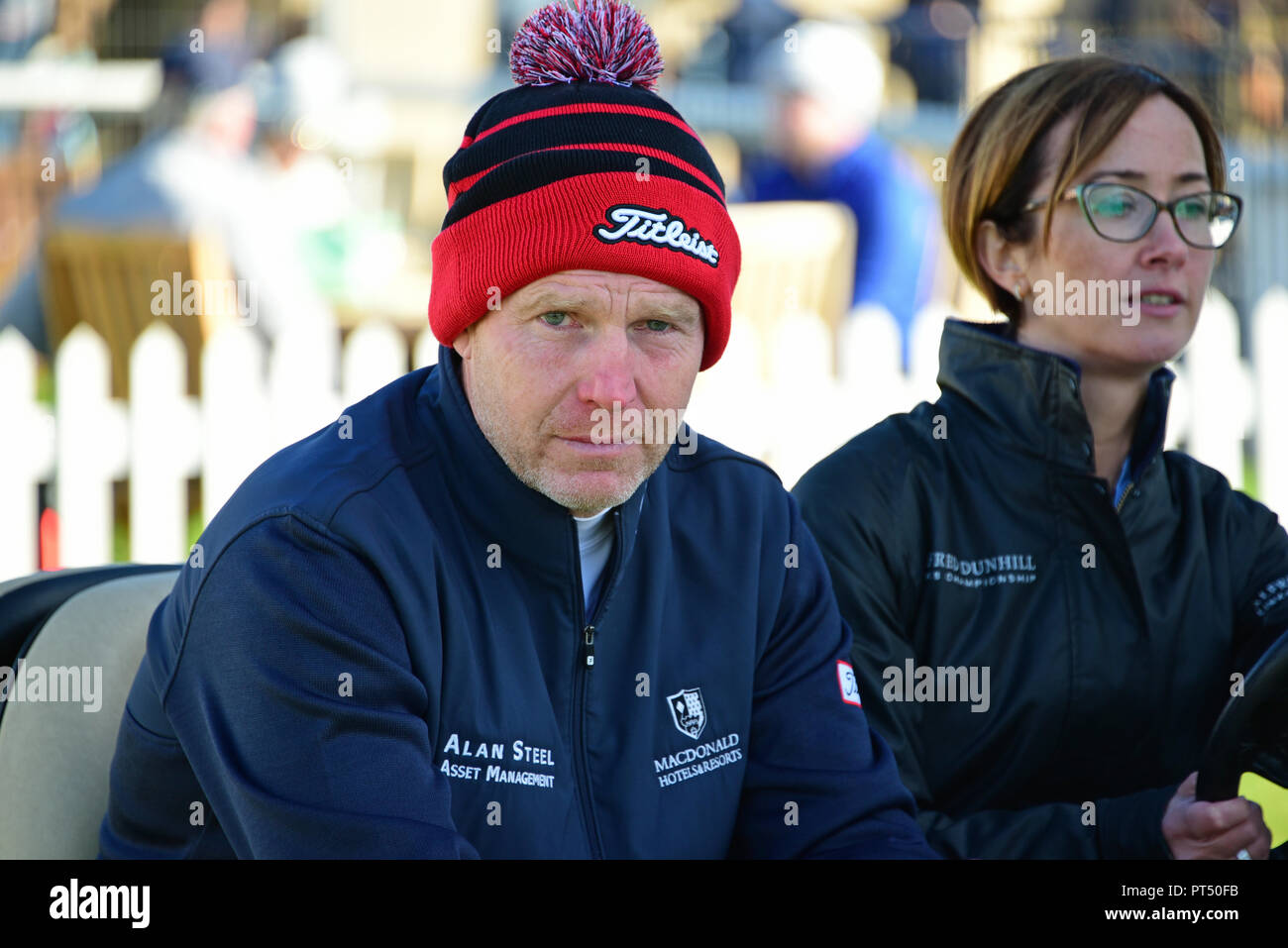 St Andrews, Scotland, United Kingdom, 06, October, 2018. Scotland's Stephen Gallacher is driven away in a buggy at the end of his round at the Old Course, St Andrews, on Day 3 of the Dunhill Links Championship, which he finished three shots off the lead. © Ken Jack / Alamy Live News Stock Photo