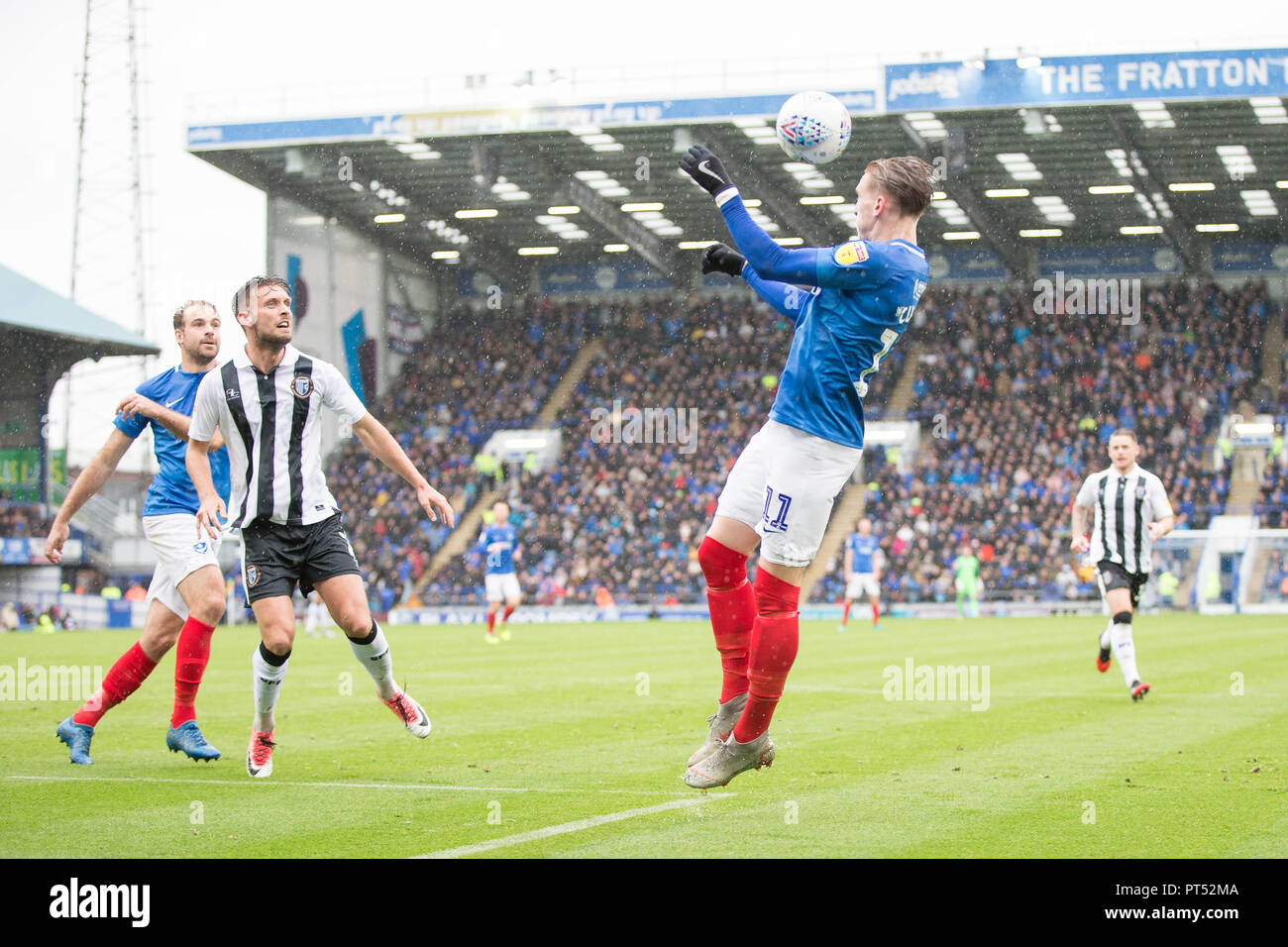 Portsmouth, UK. 6th Oct 2018. Ronan Curtis of Portsmouth  heads goal wards during the EFL Sky Bet League 1 match between Portsmouth and Gillingham at Fratton Park, Portsmouth, England on 6 October 2018. Photo by Simon Carlton.  Editorial use only, license required for commercial use. No use in betting, games or a single club/league/player publications. Credit: UK Sports Pics Ltd/Alamy Live News Stock Photo