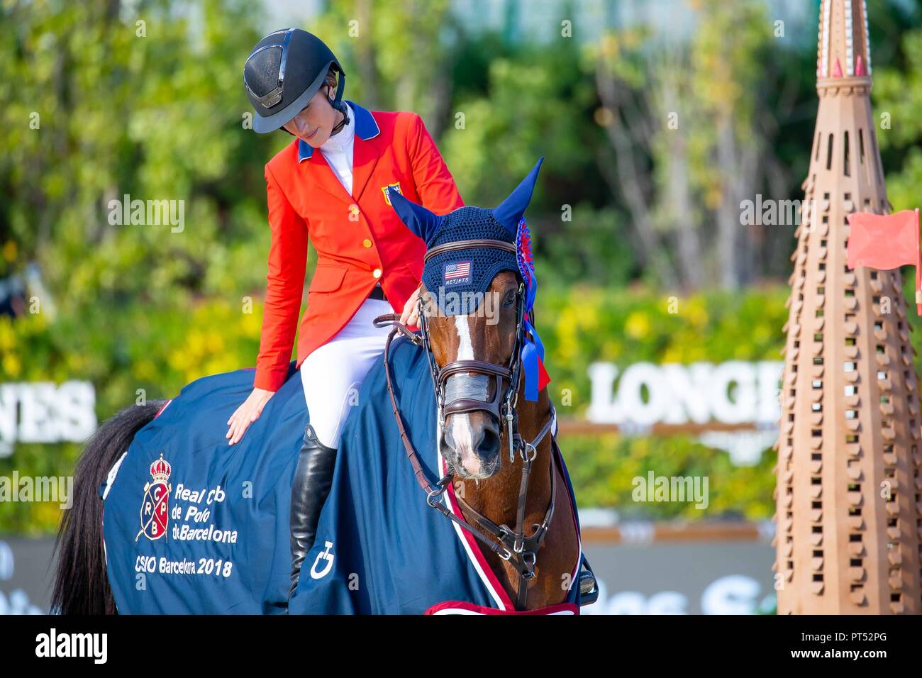 Barcelona, Spain. 6th Oct 2018. Winner. Jessica Springsteen. USA. Riding RMF Swinny Du Parc.  Prizegiving. Queen's Cup. Longines FEI Jumping Nations Cup Final. Showjumping. Barcelona. Spain. Day 2.06/10/2018. Credit: Sport In Pictures/Alamy Live News Stock Photo
