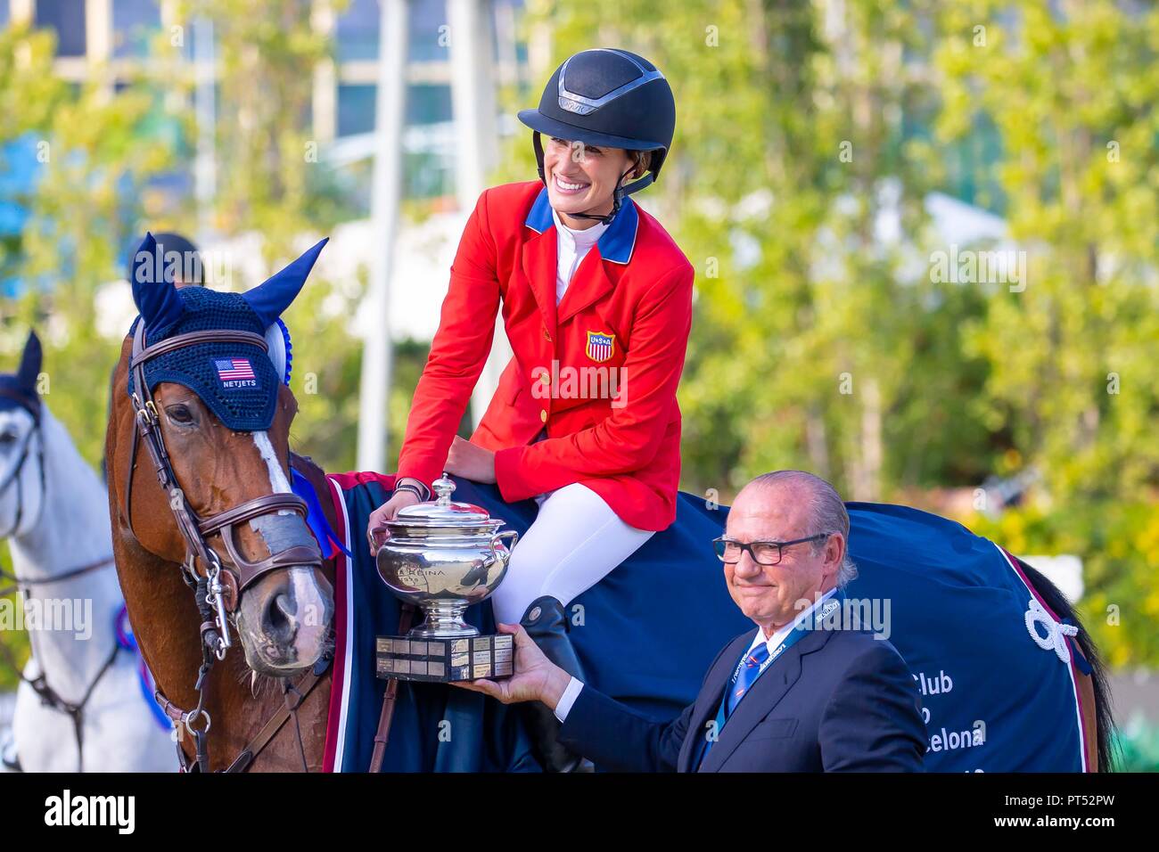 Barcelona, Spain. 6th Oct 2018. Winner. Jessica Springsteen. USA. Riding RMF Swinny Du Parc.  Prizegiving. Queen's Cup. Longines FEI Jumping Nations Cup Final. Showjumping. Barcelona. Spain. Day 2.06/10/2018. Credit: Sport In Pictures/Alamy Live News Stock Photo