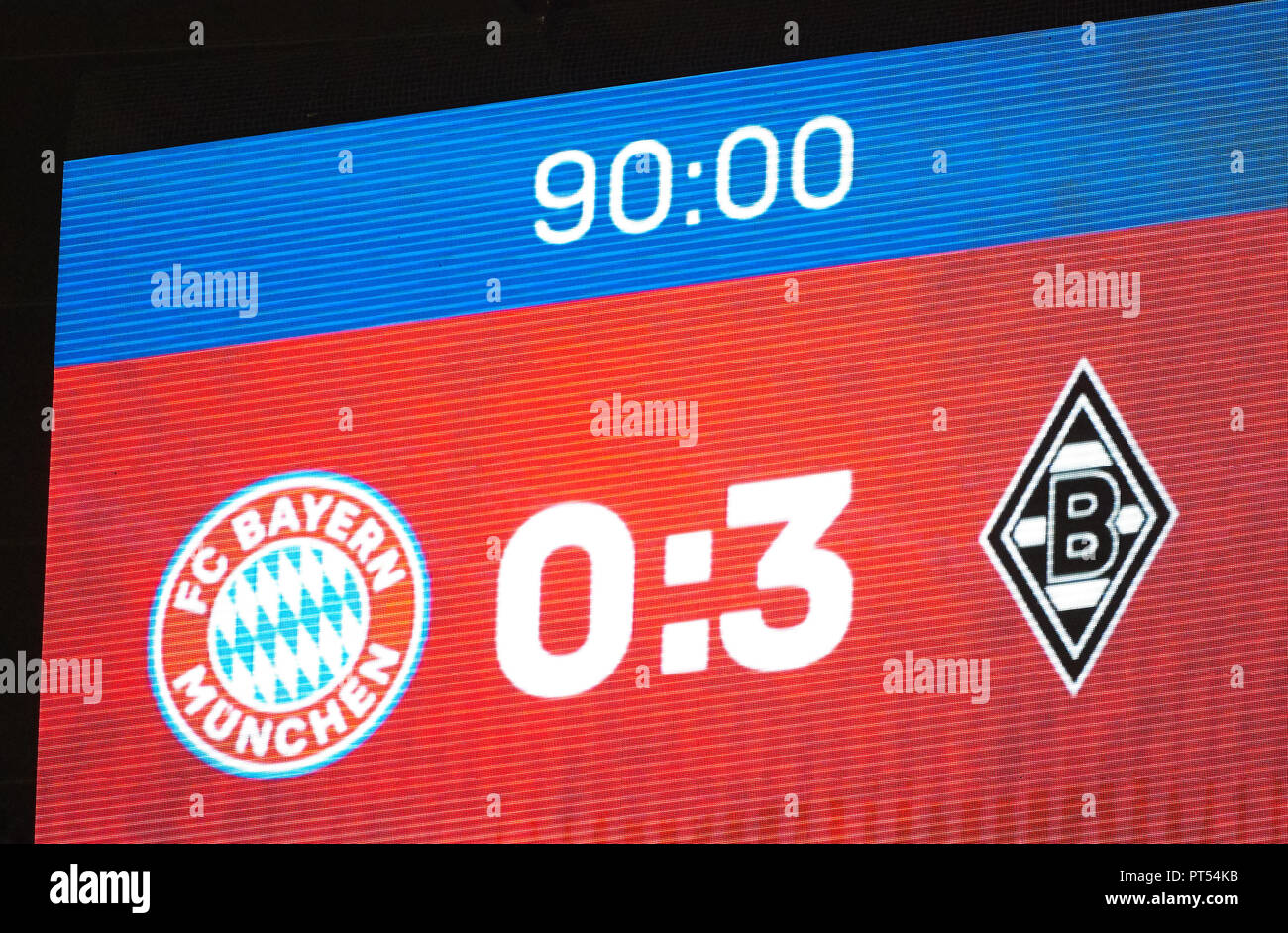 Munich, October 6, 2018 Scoreboard, Screen, Screenboard, Digital, LED,  Display, Monitor, Final result, FC BAYERN MUNICH - BORUSSIA MÖNCHENGLADBACH  - DFL REGULATIONS PROHIBIT ANY USE OF PHOTOGRAPHS as IMAGE SEQUENCES and/or  QUASI-VIDEO -