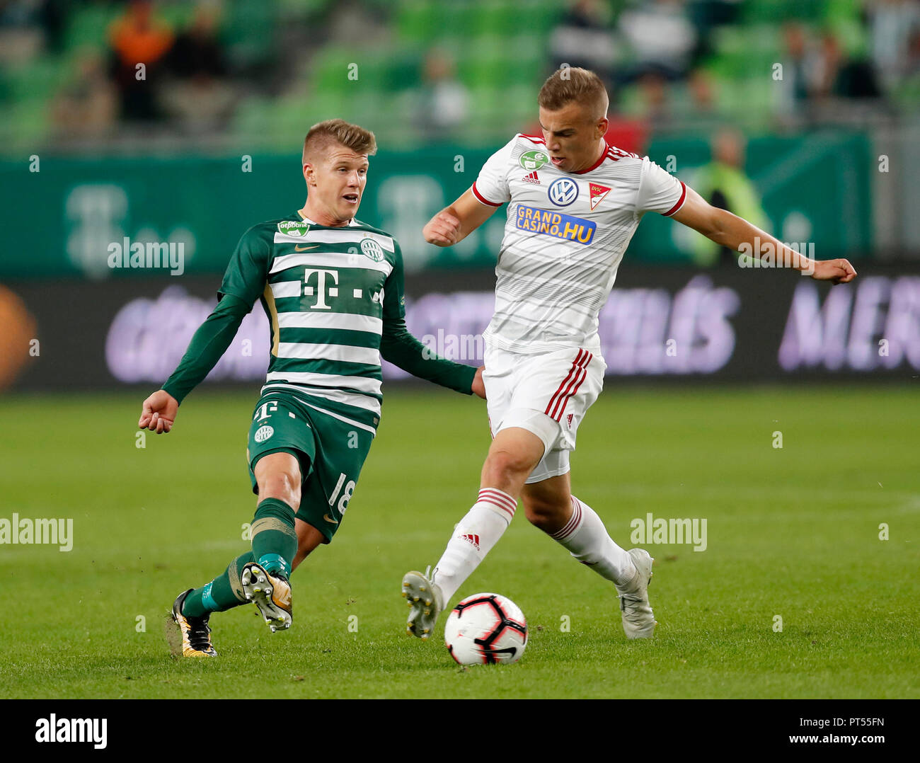 BUDAPEST, HUNGARY - MAY 12: (r-l) Leandro De Almeida 'Leo' of Ferencvarosi  TC celebrates the goal with Roland Varga of Ferencvarosi TC during the  Hungarian OTP Bank Liga match between Ferencvarosi TC