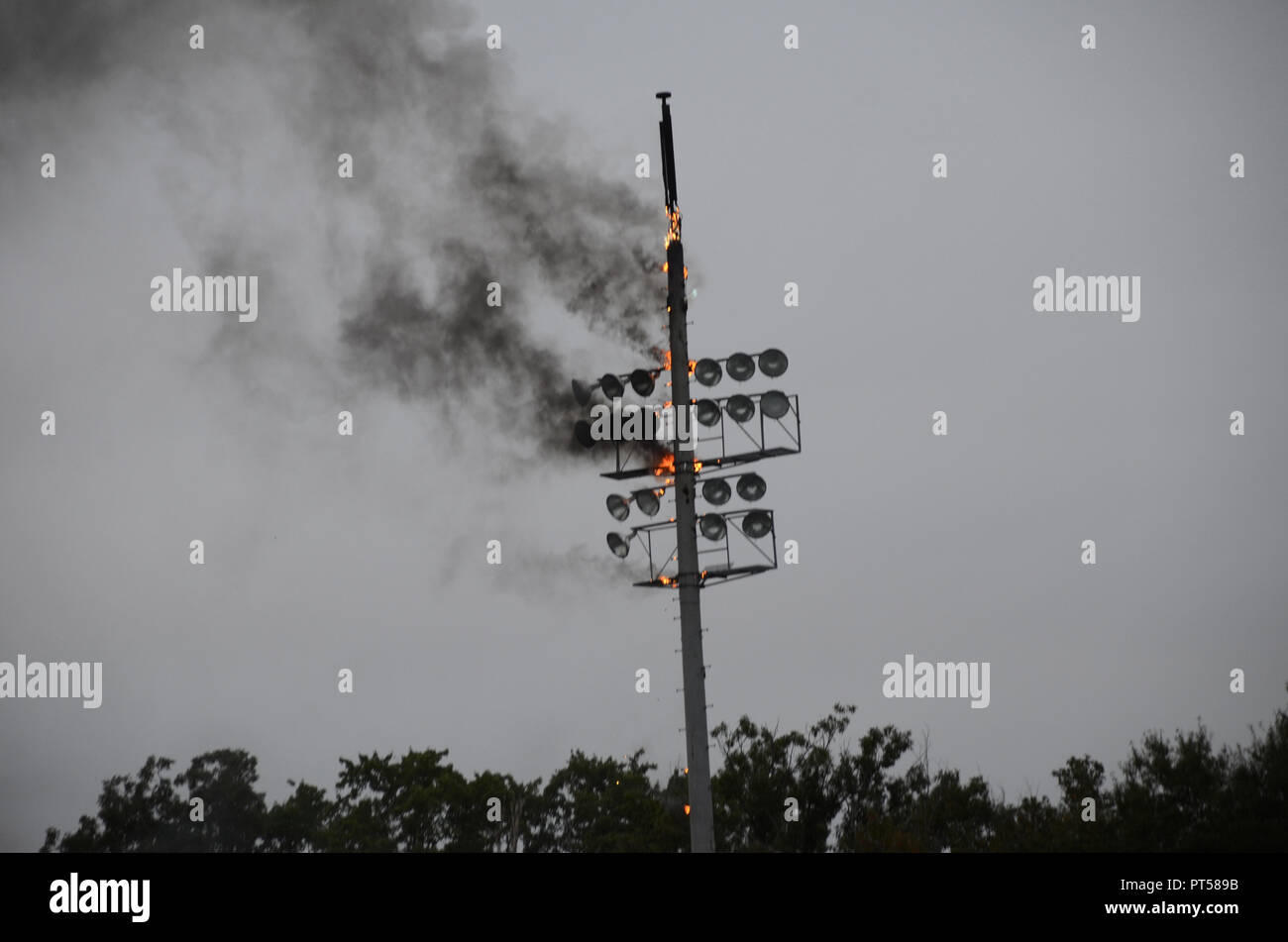 Waldorf, Maryland USA October5,2018  A high school soccer game was postponed after stadium lights that were lighting up the field at Weslake High School burst out in heavy smoke and fire during the game explosions from the lightpole sent both teams running off the field and canceling the game Stock Photo