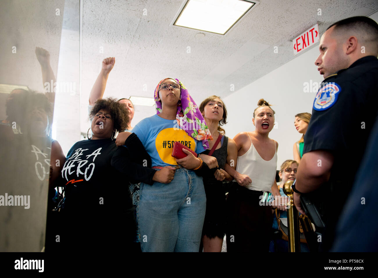 Washington, District of Columbia, USA. 6th Sep, 2018. Protestors disrupt U.S. Supreme Court nominee Judge Brett Kavanaugh's confirmation hearing on Capitol Hill. Kavanaugh was nominated by U.S. President Donald Trump to fill the vacancy on the court left by retiring Justice Anthony Kennedy. Credit: Erin Scott/ZUMA Wire/Alamy Live News Stock Photo