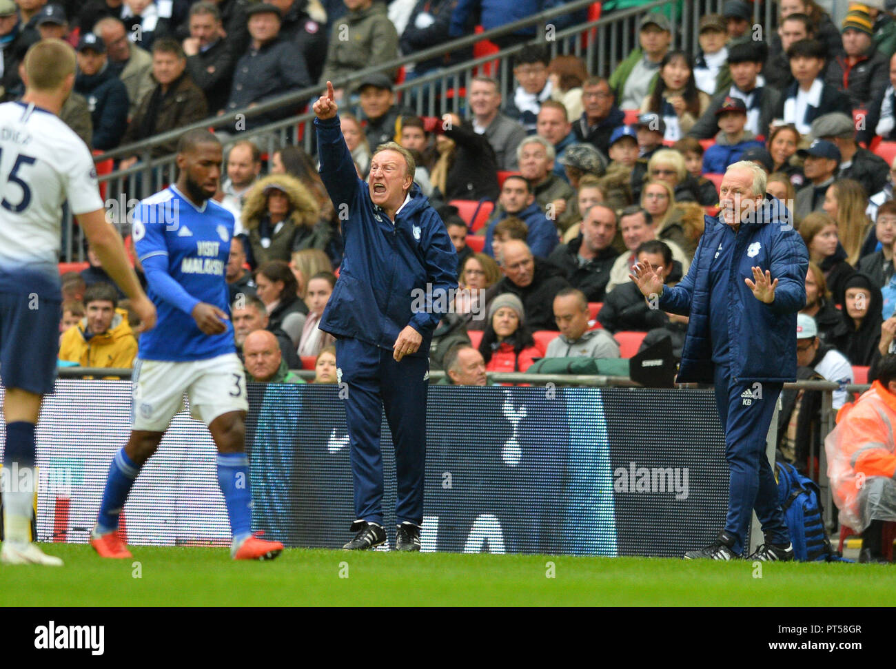 London, UK. 6th Oct, 2018. Cardiff City manager Neil Warnock (2nd R) gestures during the English Premier League match between Tottenham Hotspur and Cardiff City at the Wembley Stadium in London, Britain on Oct. 6, 2018. Tottenham won 1-0. Credit: Marek Dorcik/Xinhua/Alamy Live News Stock Photo