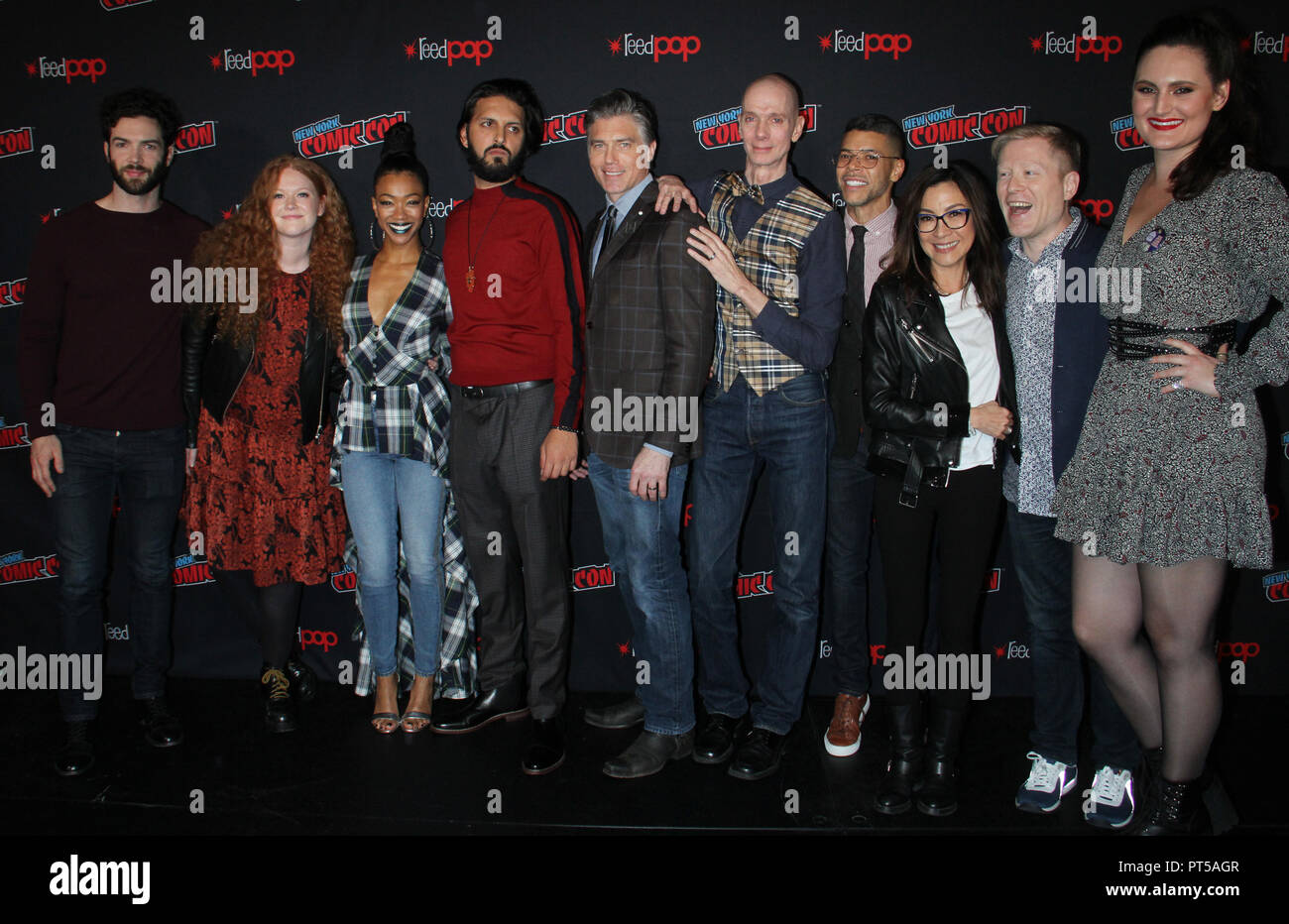 New York, NY, USA. 6th Oct, 2018. Ethan Peck, Mary Wiseman, Sonequa Martin-Green, Shazad Latif, Anson Mount, Doug Jones, Anthony Rapp, Michelle Yeoh, Wilson Cruz Mary Chieffo at the panel discussion for the new season of the CBS series Star Trek: Discovery during New York Comic Con 2018 at The Hulu Theater at Madison Square Garden in New York City on October 6, 2018. Credit: Rw/Media Punch/Alamy Live News Stock Photo