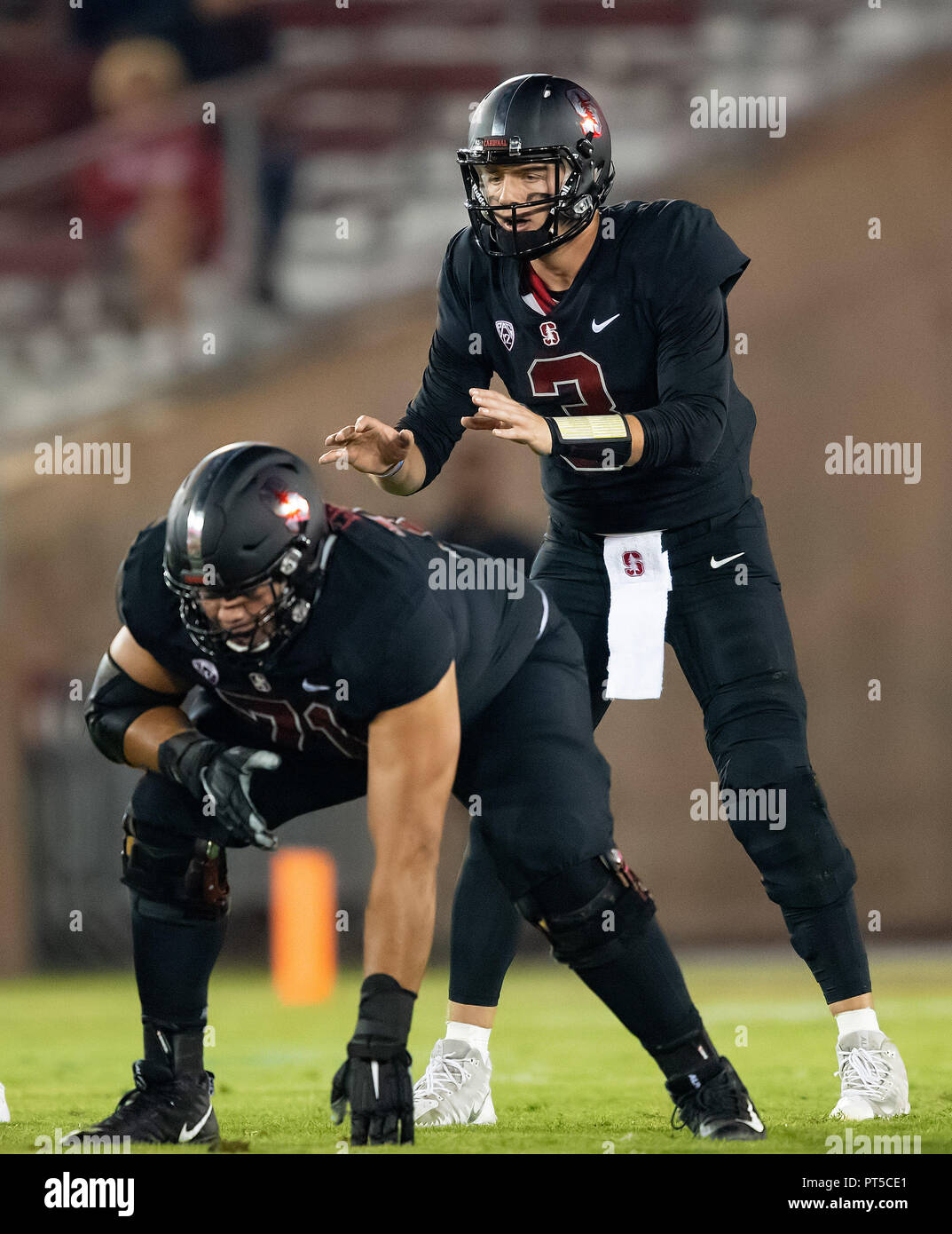 October 06, 2018: Stanford Cardinal quarterback K.J. Costello (3) calls an audible, during a NCAA football game between the Utah Utes and the Stanford Cardinal at the Stanford Stadium in Stanford, California. Valerie Shoaps/CSM Stock Photo