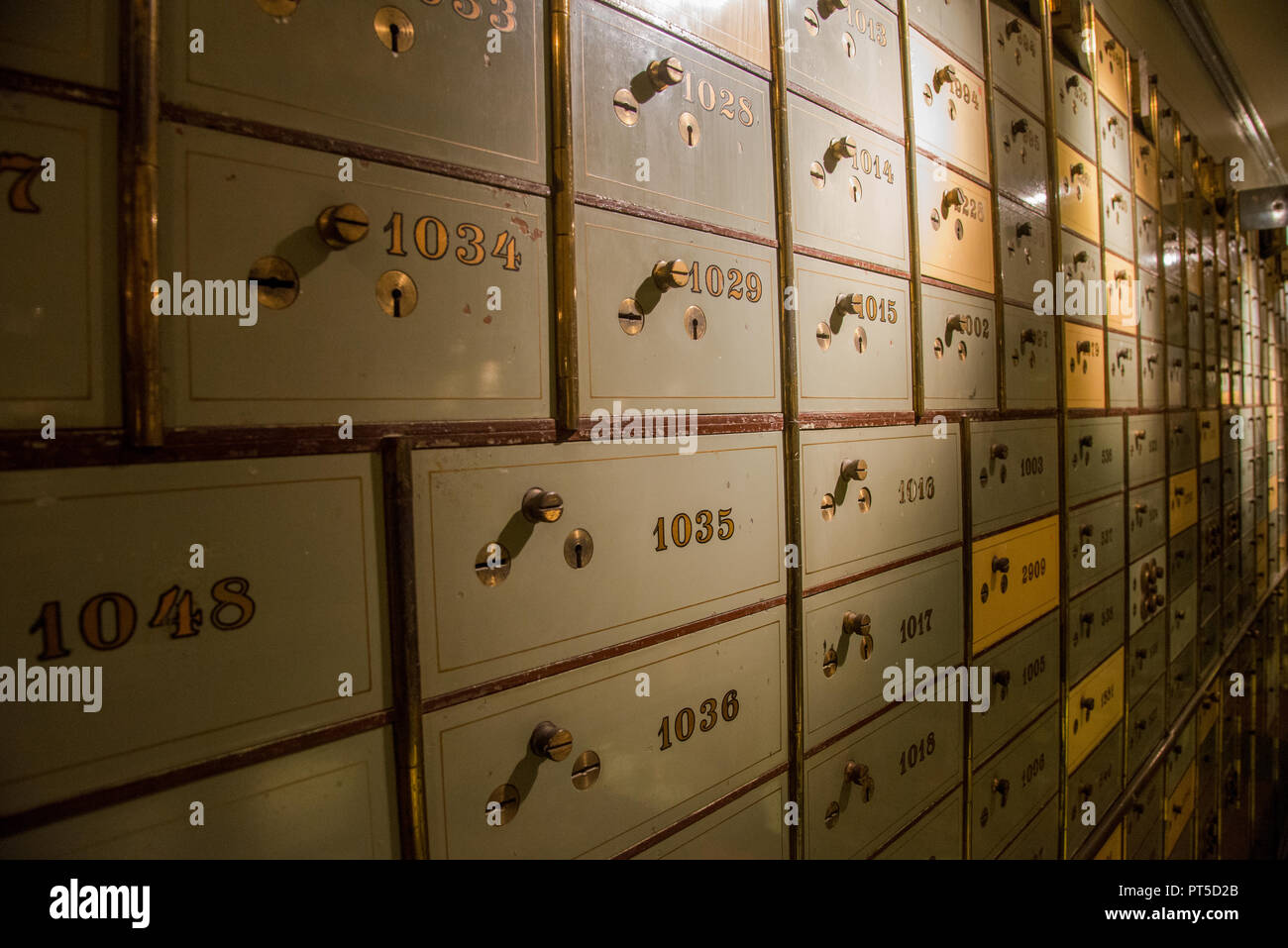 numbered old fashioned secure lockers at old bank building in Den Haag, Holland Stock Photo