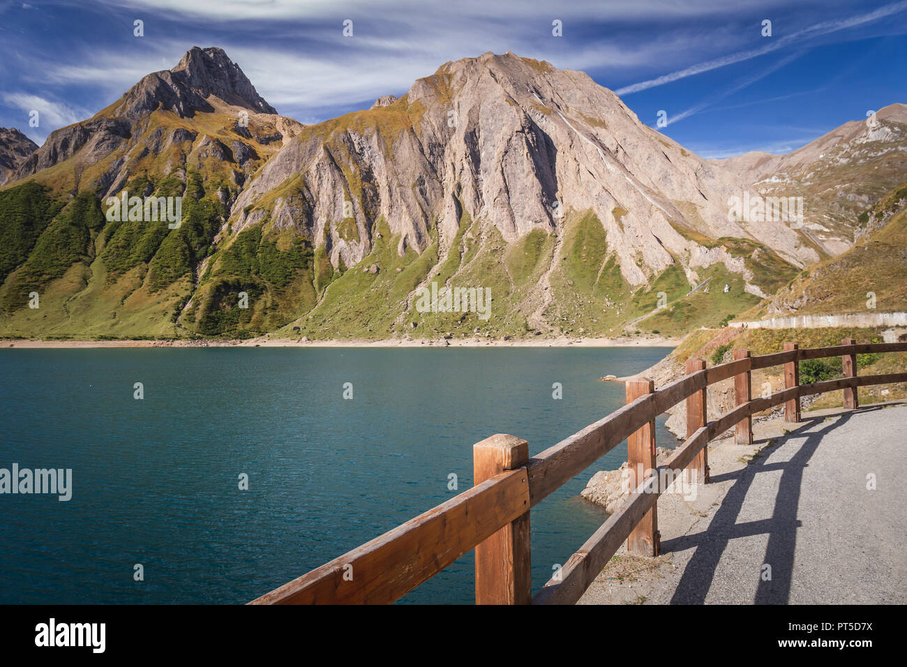 Dam and Lake of Morasco with great mountain on the background seen in a beautiful day of summer season, Riale - Formazza Valley, Piedmont, Italy Stock Photo