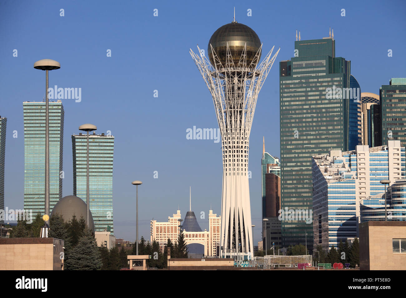 Kazakhstan; Astana, Nurzhol Boulevard, Bayterek Monument, skyline, Stock Photo