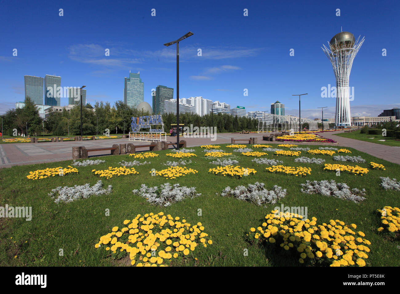 Kazakhstan; Astana, Nurzhol Boulevard, Bayterek Monument, skyline, Stock Photo