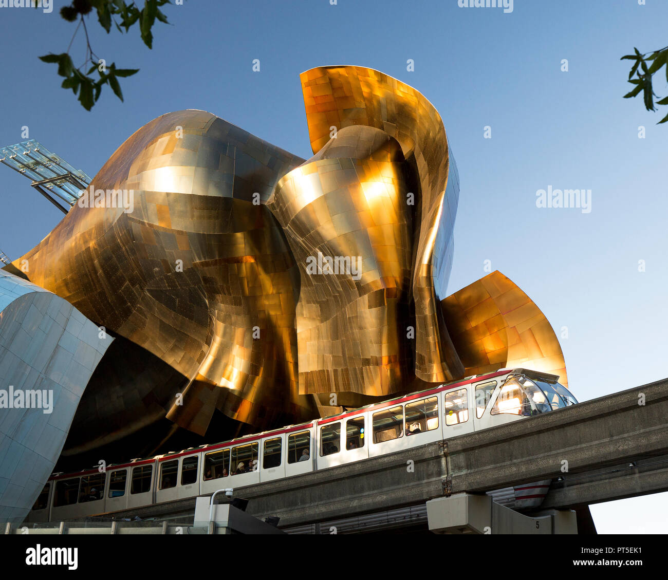 Seattle Monorail with MoPOP, Museum of Pop Culture. Stock Photo