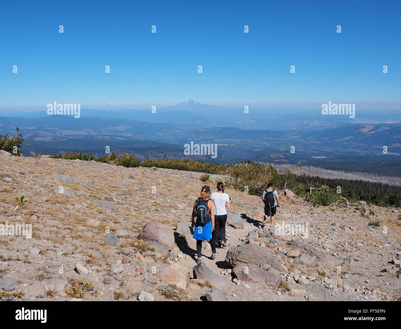 Hikers on the Timberline Trail on Mount Hood, Oregon, with distant views of Mount Jefferson and Mount Rainier in the background on a very clear day. Stock Photo